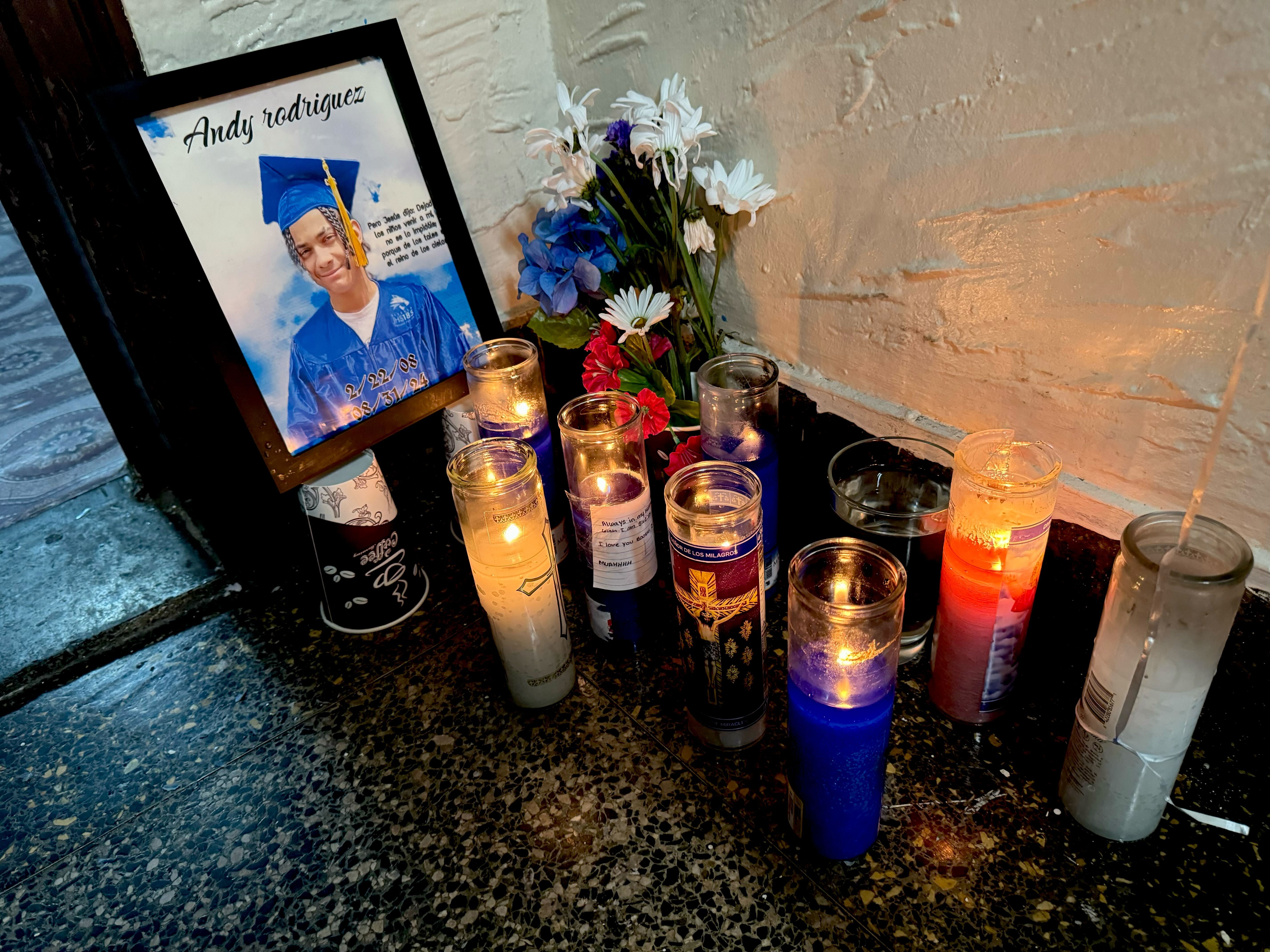 A memorial outside of the family home of crash victim Andy Rodriguez. (Rebecca White for New York Daily News)