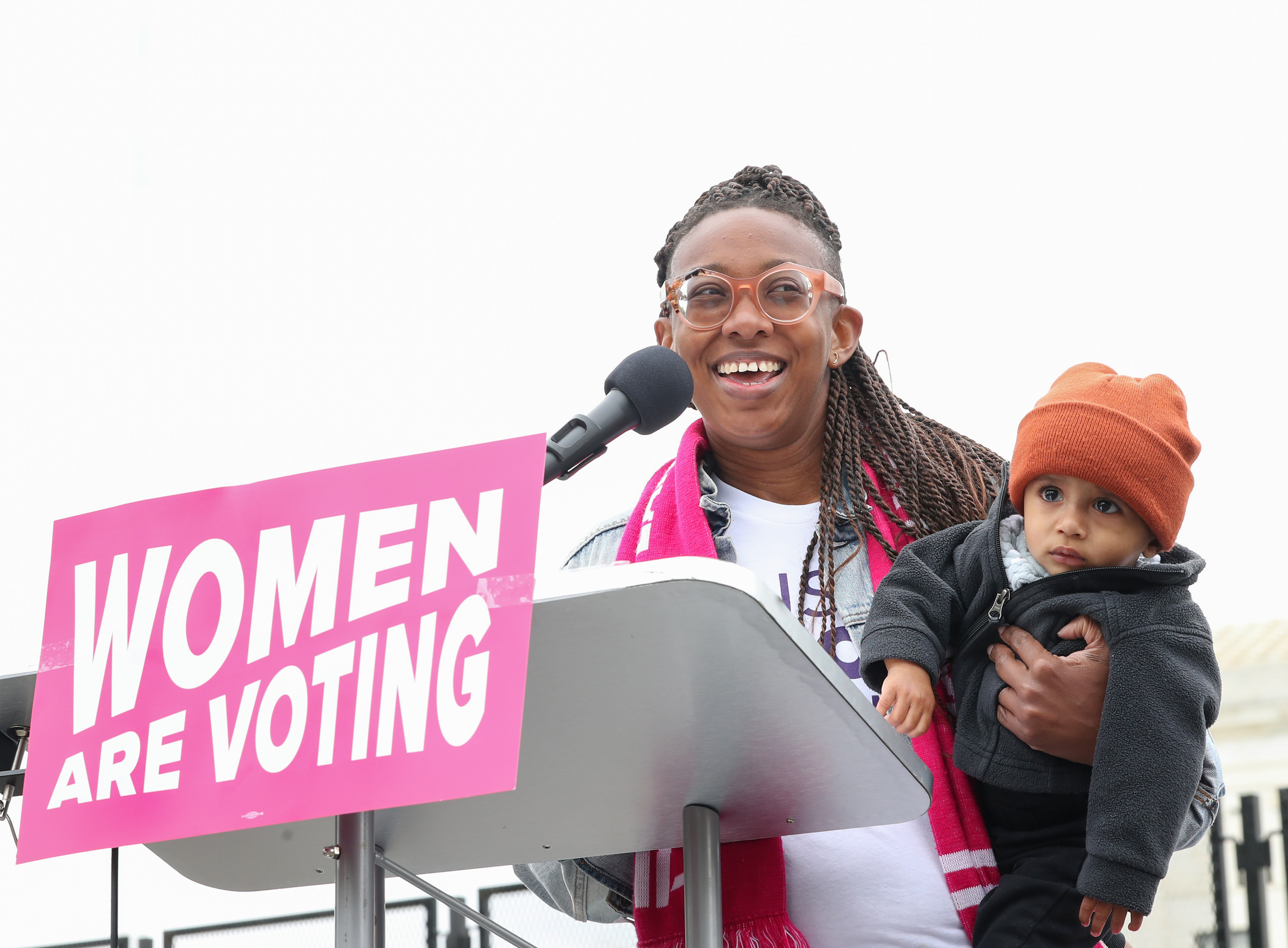 Kelley Robinson holds her son as she speaks during a Mothers Day rally in support of abortion rights on May 8, 2022 in Washington. (Jemal Countess/Getty Images for Supermajority)