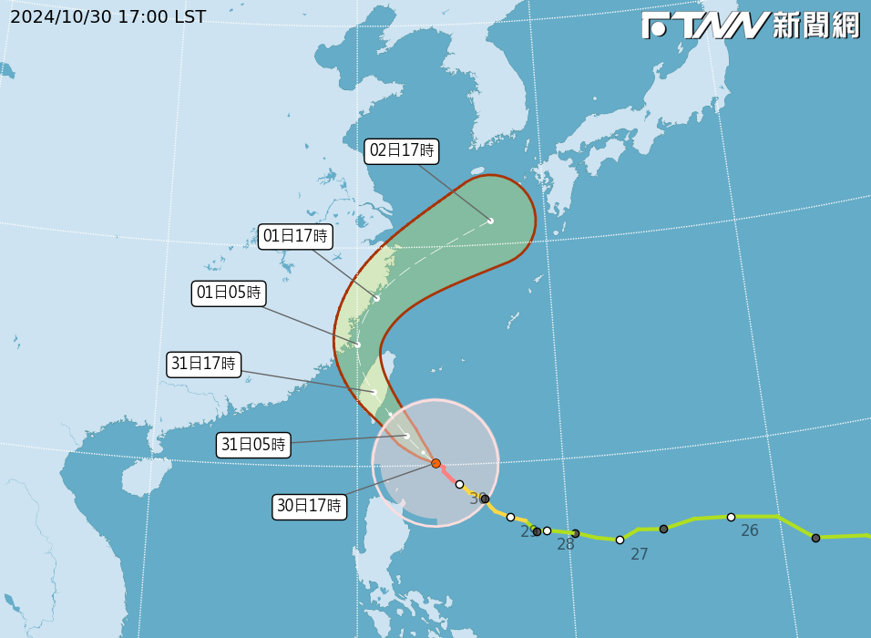 強颱康芮目前中心在鵝鑾鼻東南東方約360公里處海面，以每小時20轉23公里速度，向西北移動。（圖／中央氣象署）