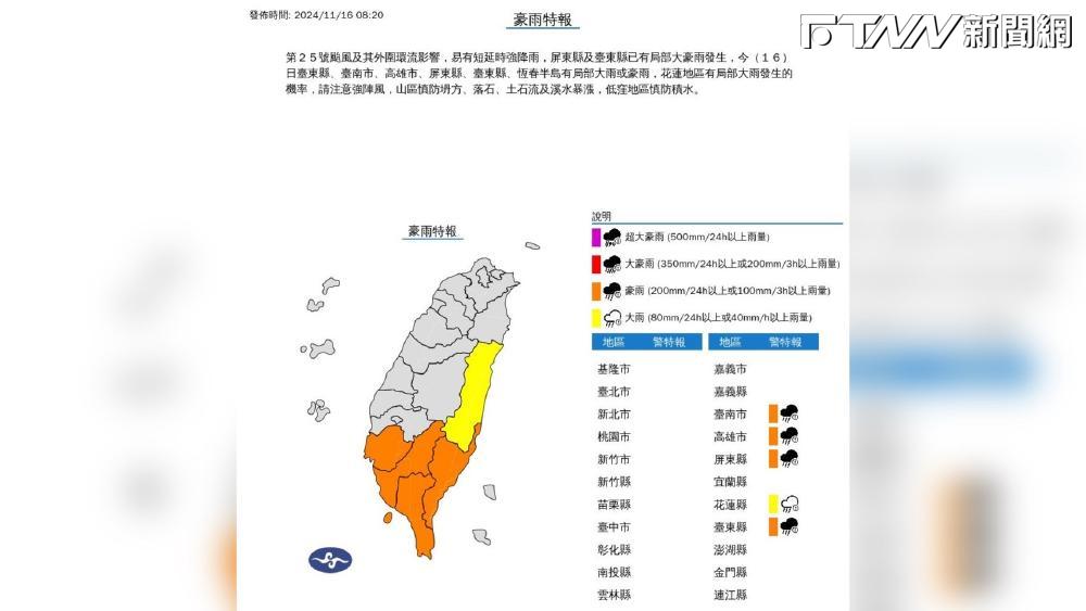 強降雨往台南擴展，今天台東至台南以南區域會出現豪雨，台東、屏東山區會出現局部性大豪雨。（圖／中央氣象署）