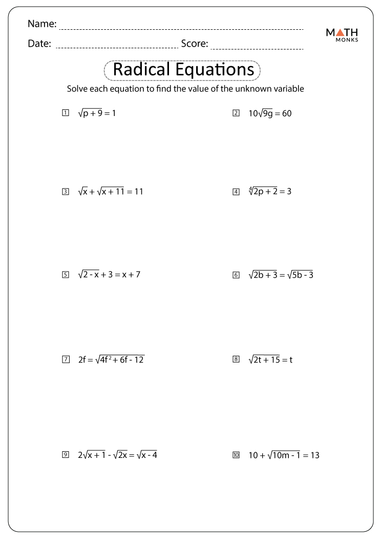 Solving Radical Equations Worksheets