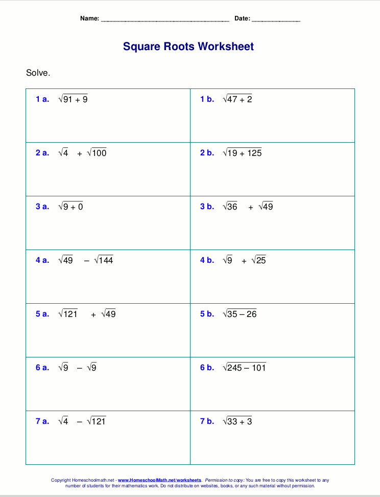 Free Square Root Worksheets Pdf And Html