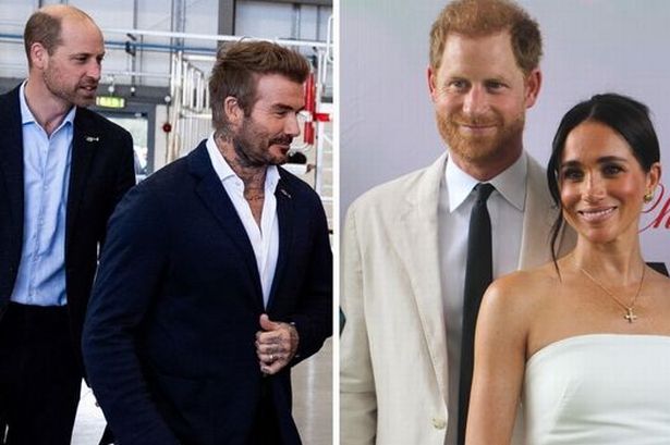 Prince William with David Beckham and Prince Harry and Meghan Markle split image