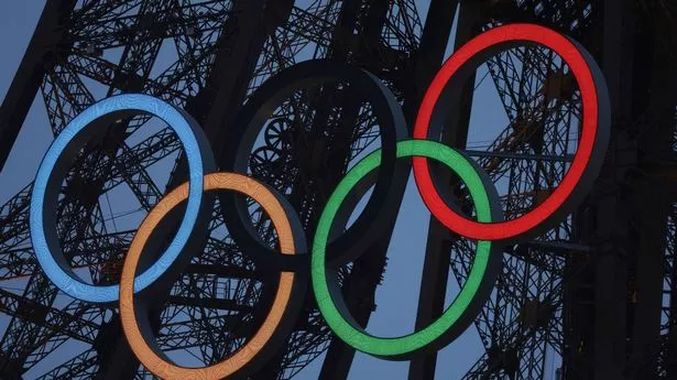 FILE - A general view of the Olympic rings displayed on the Eiffel Tower is pictured during the opening ceremony for the 2024 Summer Olympic Games. (Nir Elias/Pool Photo via AP, File)