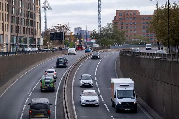 Traffic on the A12 Blackwall Tunnel Northern Approach road at Bow near Stratford