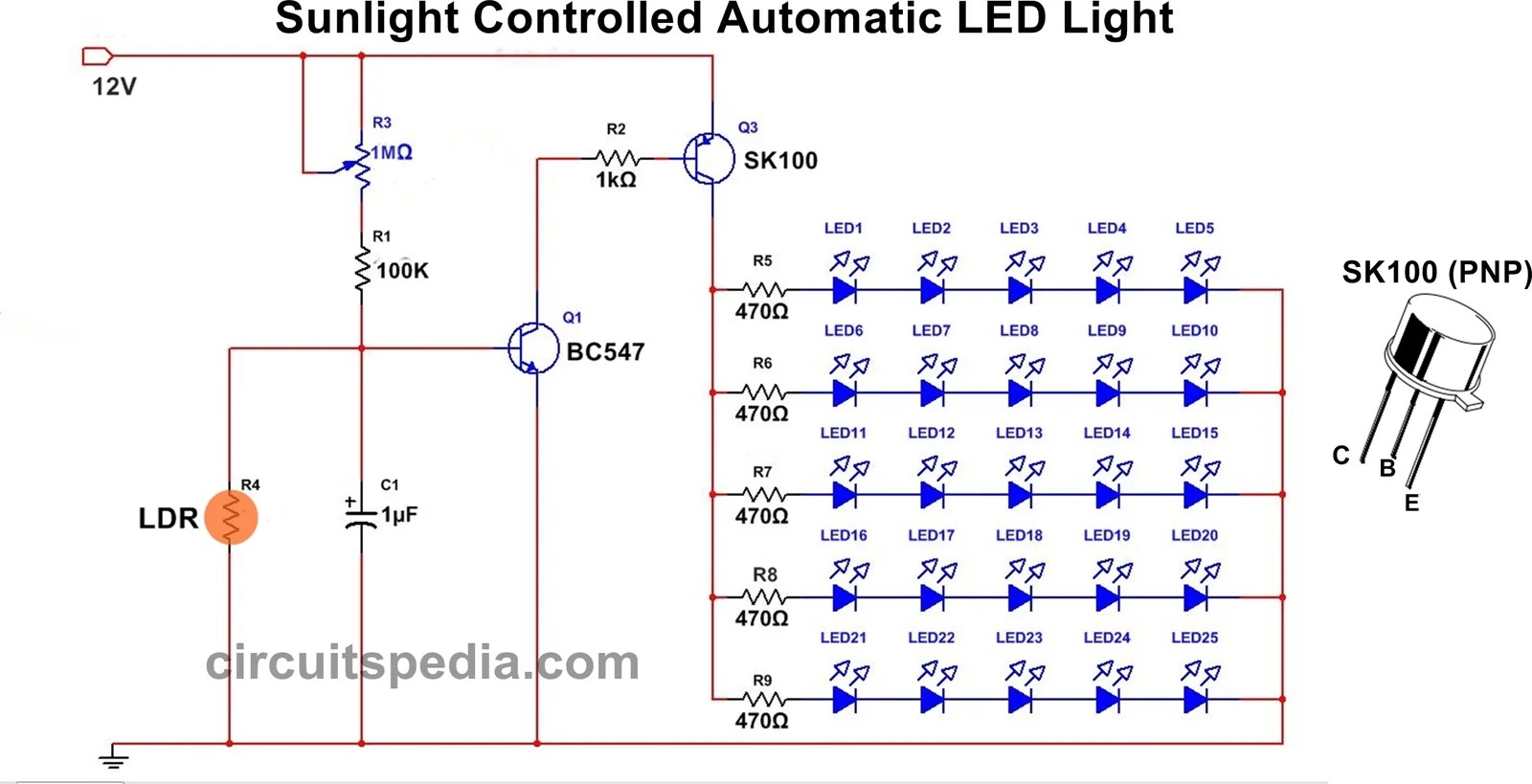 LDR Darkness Sensor Circuit | Automatic Night Light Circuit