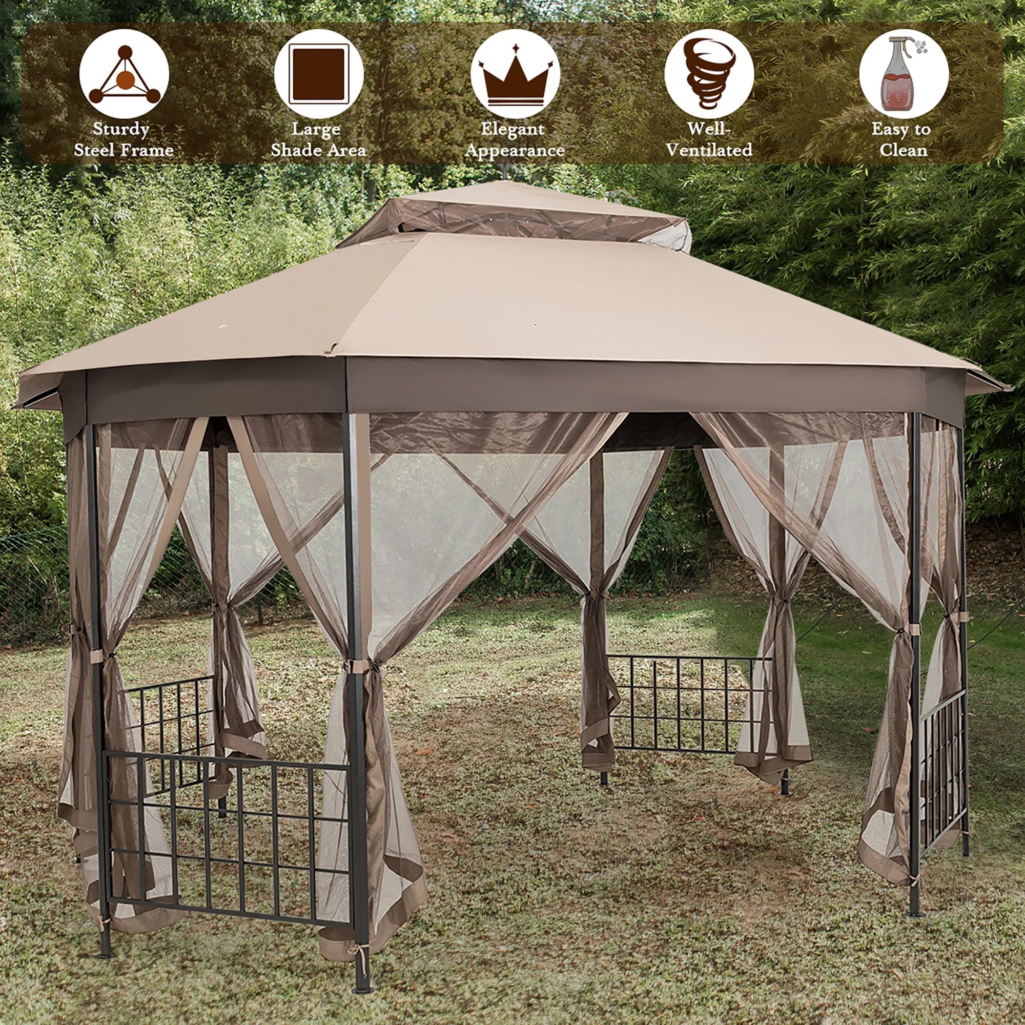 Costway 10 X 12 Octagonal Patio Gazebo Canopy Shelter Double Top Brown See Details