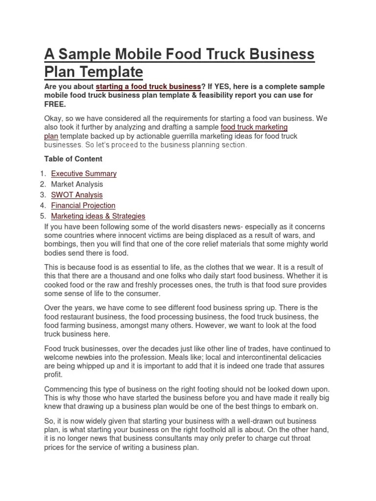 A Sample Mobile Food Truck Business Plan Template PDF