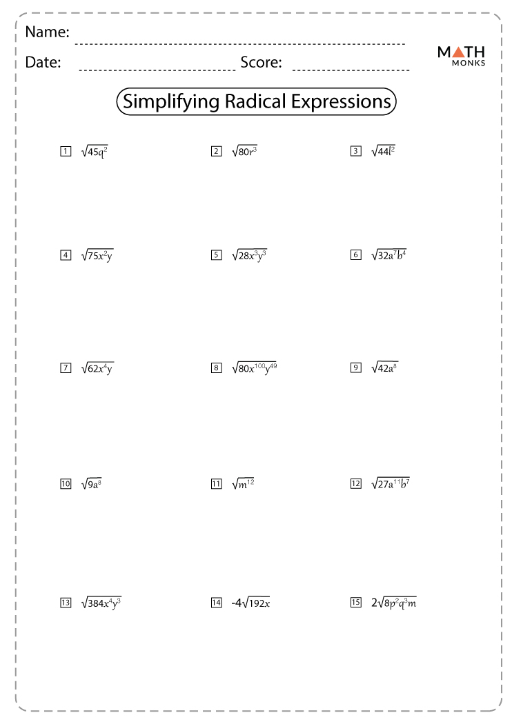 Radicals Worksheets Math Monks