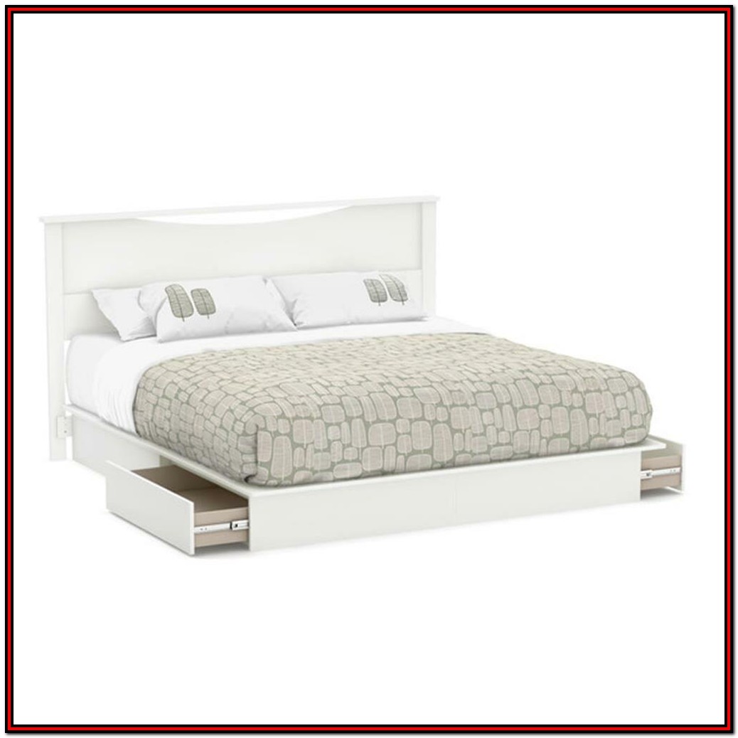 White Queen Platform Bed With Storage And Headboard