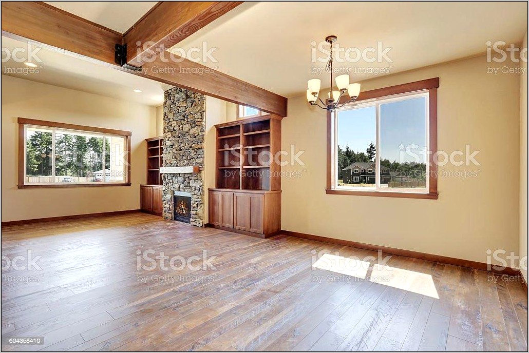 Stone Wall Living Room With Shelving