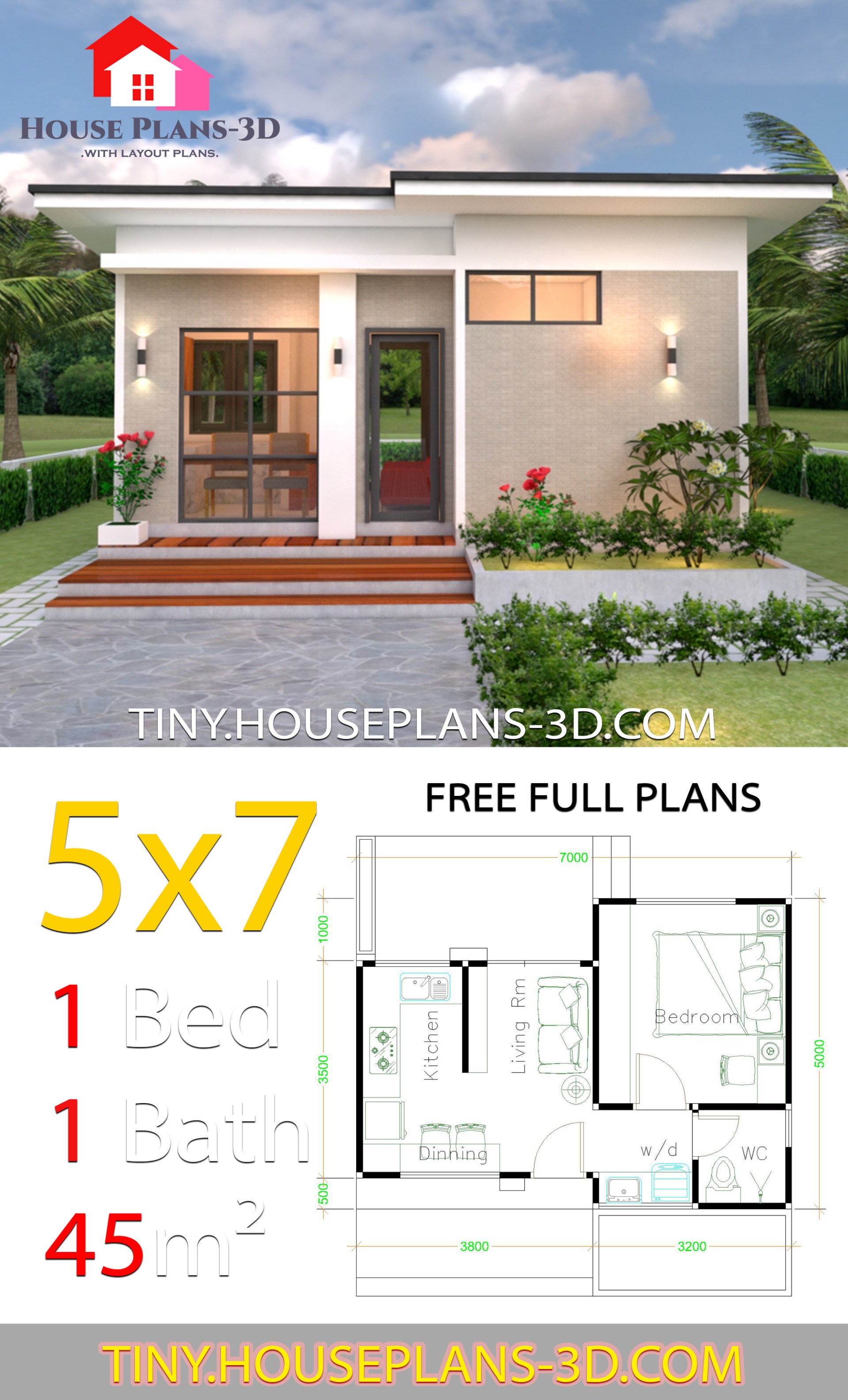 Small House Design Plans 5x7 with One Bedroom Shed Roof - Tiny House Plans