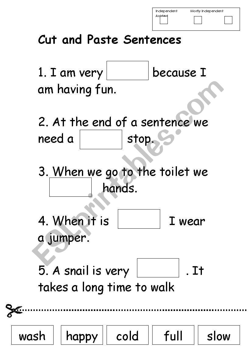 English worksheets Cut and Paste Sentences