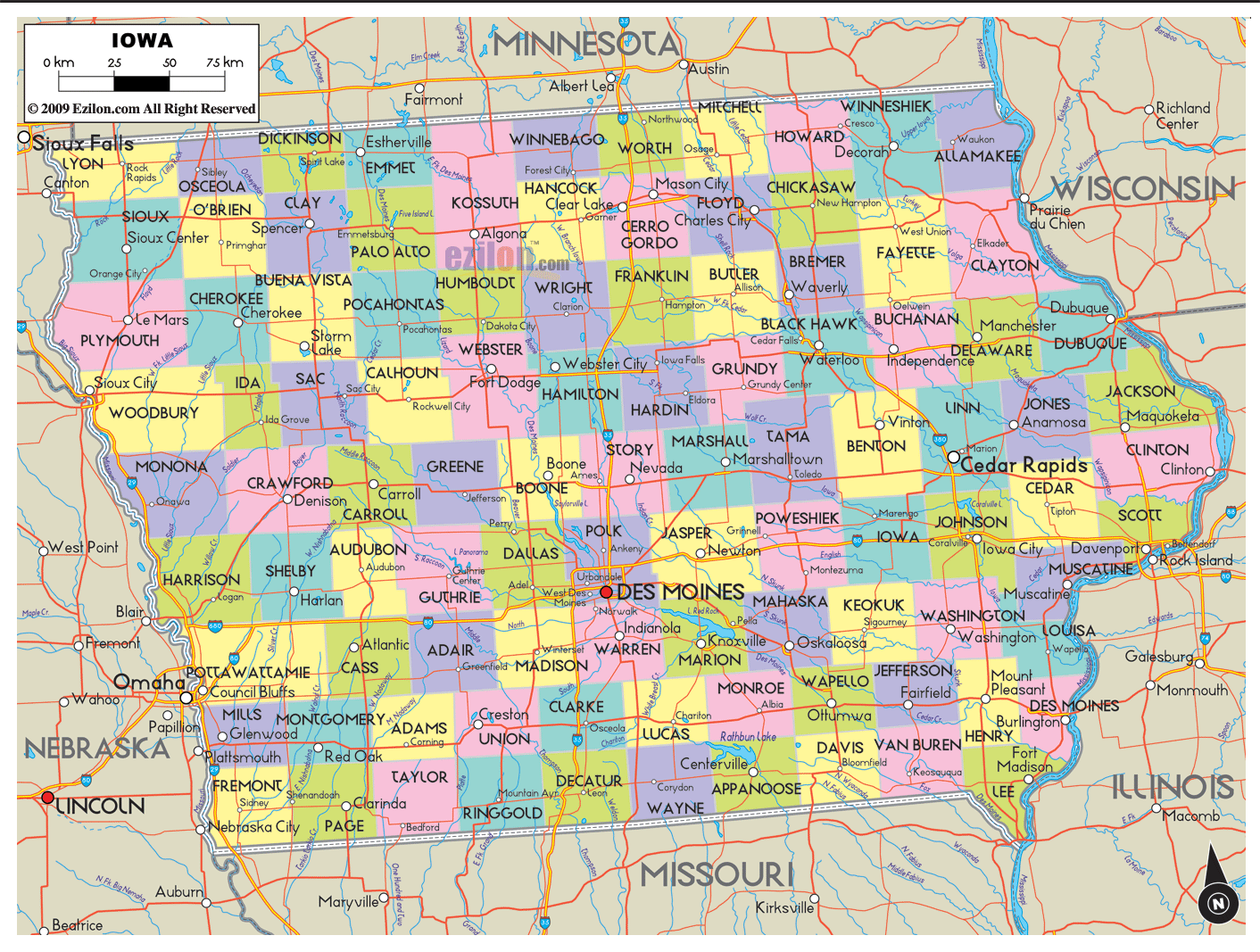 Iowa County Map With Roads Detailed Political Map of Iowa Ezilon Maps