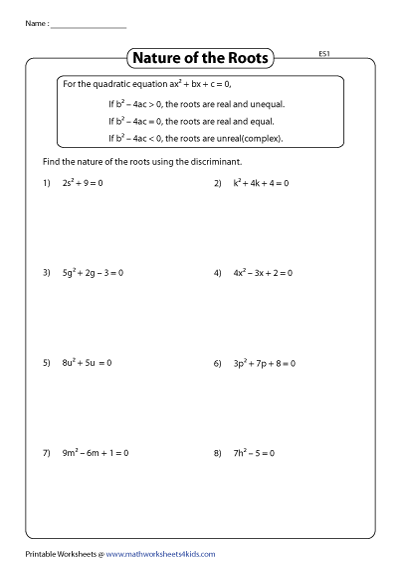 Nature Of Roots Worksheets