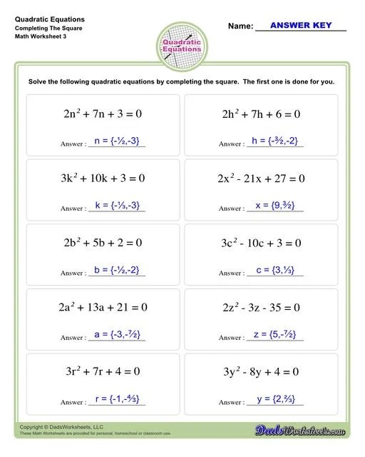 Quadratic Equations Worksheets