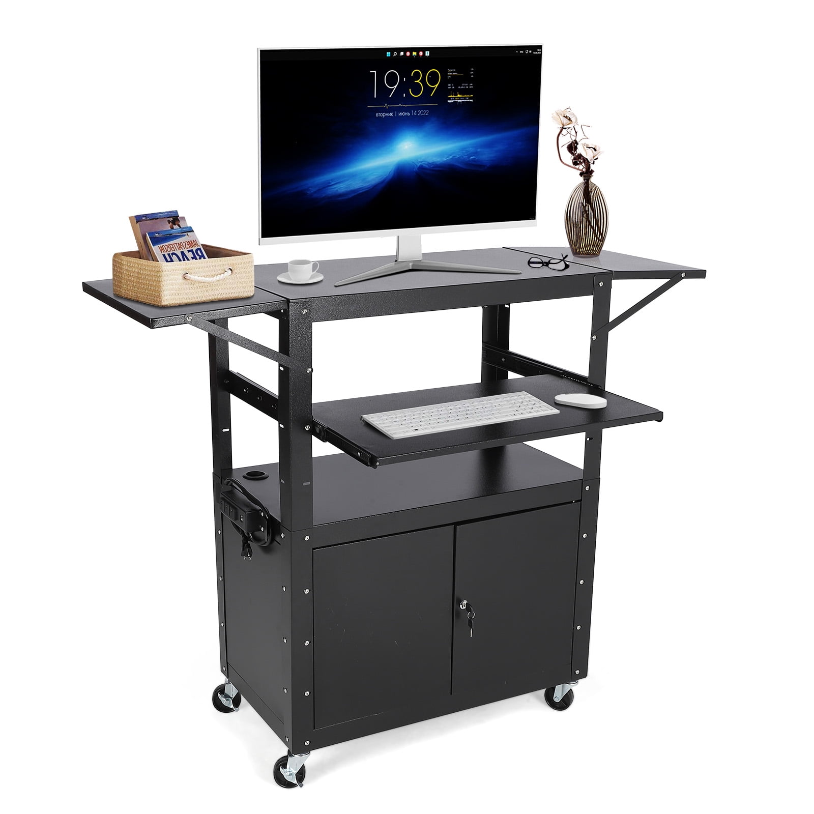 Av Cart with Lockable Cabinet, Height Adjustable 24-42