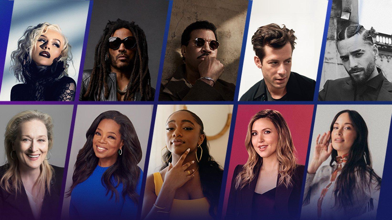 (Clockwise, L-R) Christina Aguilera, Lenny Kravitz, Lionel Richie, Mark Ronson, Maluma, Kacey Musgraves, Taylor Tomlinson, Samara Joy, Oprah Winfrey, and Meryl Streep will be presenters at the 2024 GRAMMYs