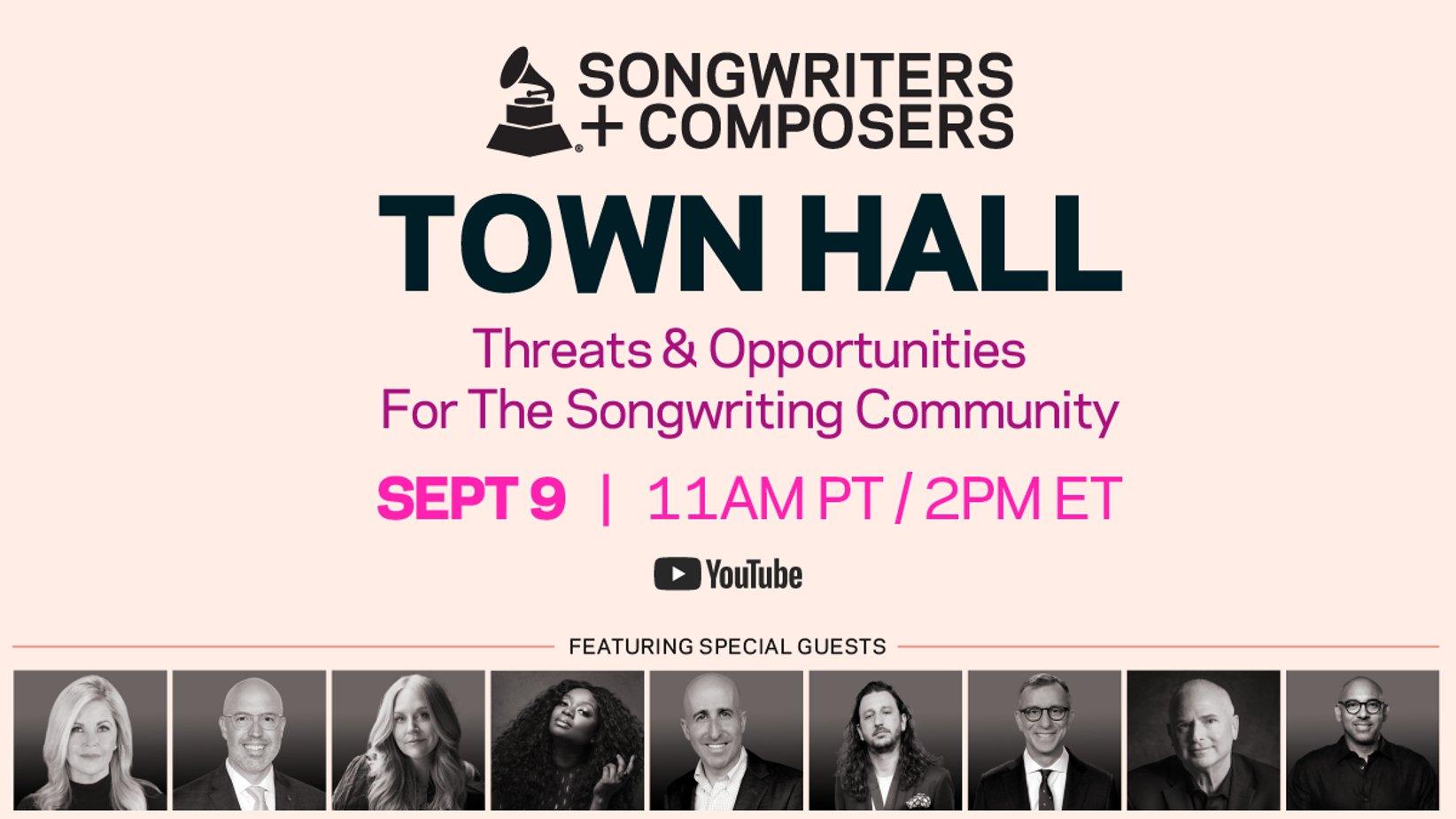 Graphic featuring photos of panelists for the Recording Academy's 2024 Songwriters & Composers Wing Town Hall, the Songwriters & Composers Wing logo, and the words "Town Hall" and "Threats & Opportunities for the Songwriting Community."