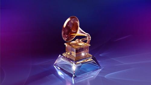 Photo of GRAMMY Award trophy on purple background
