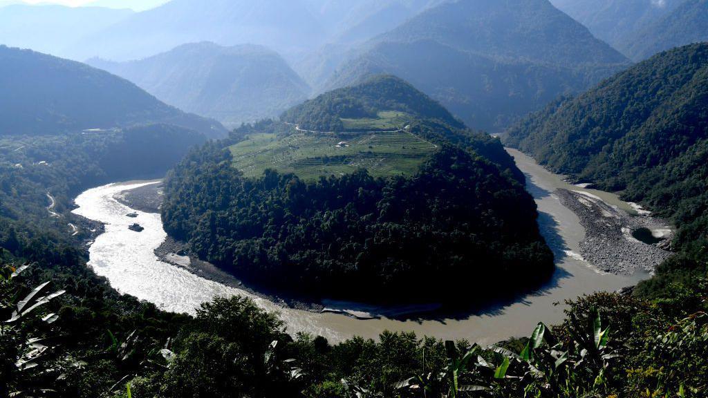 An aerial view of a section of the Yarlung Tsangpo River on May 13, 2023