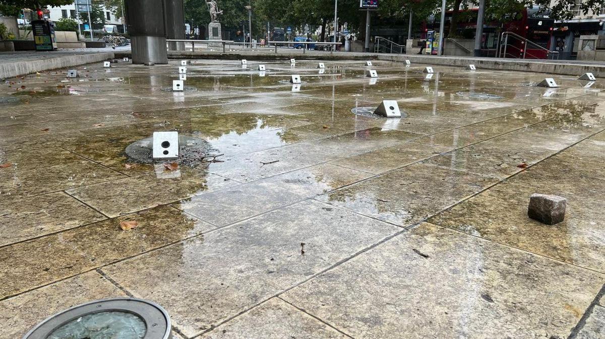 The fountains in Bristol City Centre without any water flowing