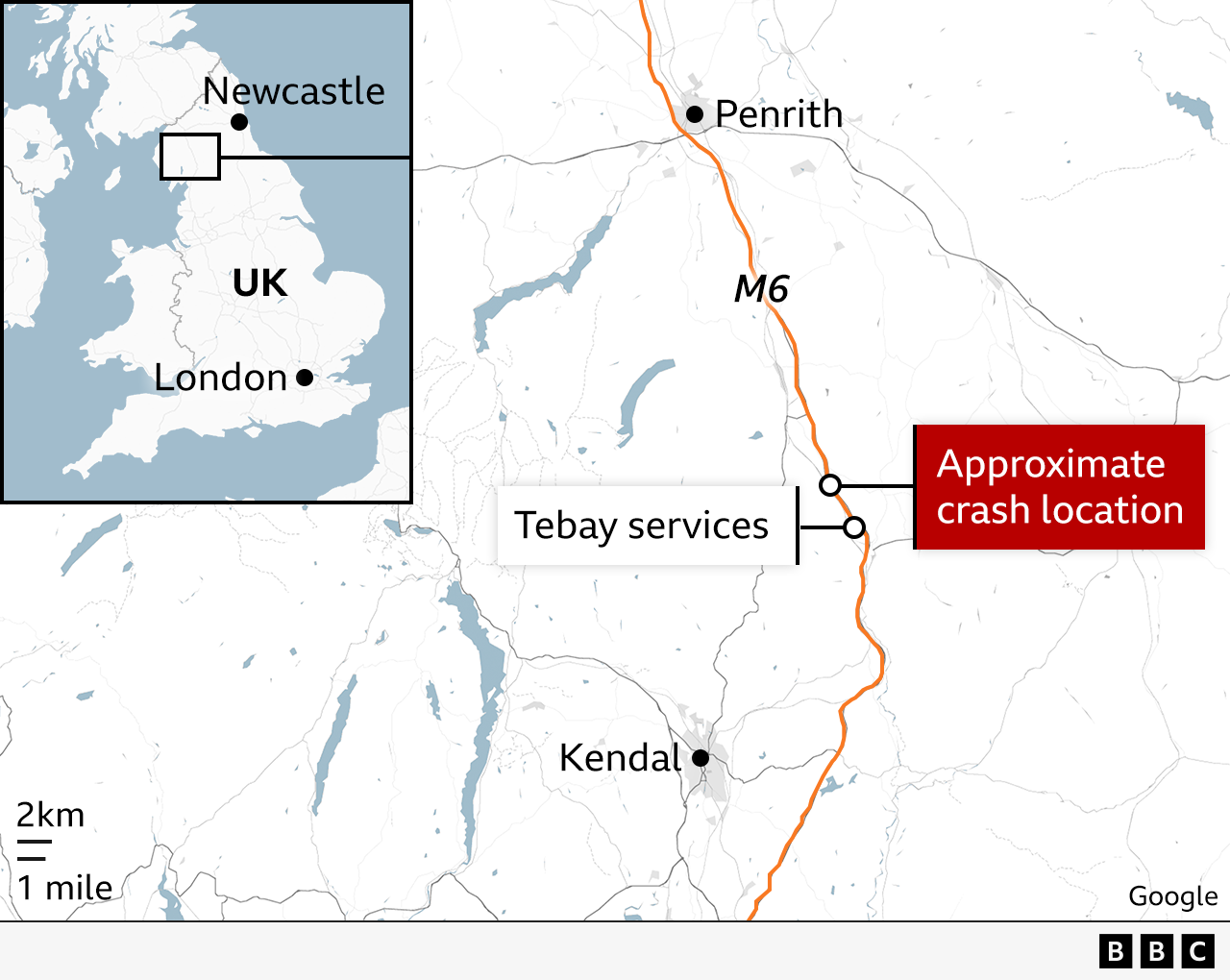 A map graphic showing the M6 stretching up between Kendal and Penrith and the approximate crash location, just above a label saying "Tebay services". In the top left-hand corner there is a map of the UK, with Newcastle and London labelled. The location of the crash, in the North West of England, is highlighted in a box.
