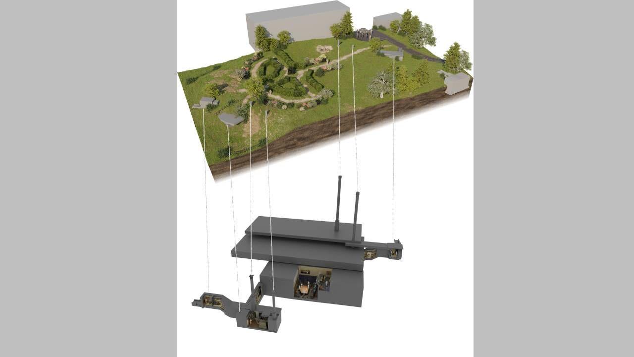 Artistic impression of the Battle of Britain bunker during wartime. Above ground, the bunker is disguised by landscaping that makes it look like a garden feature.