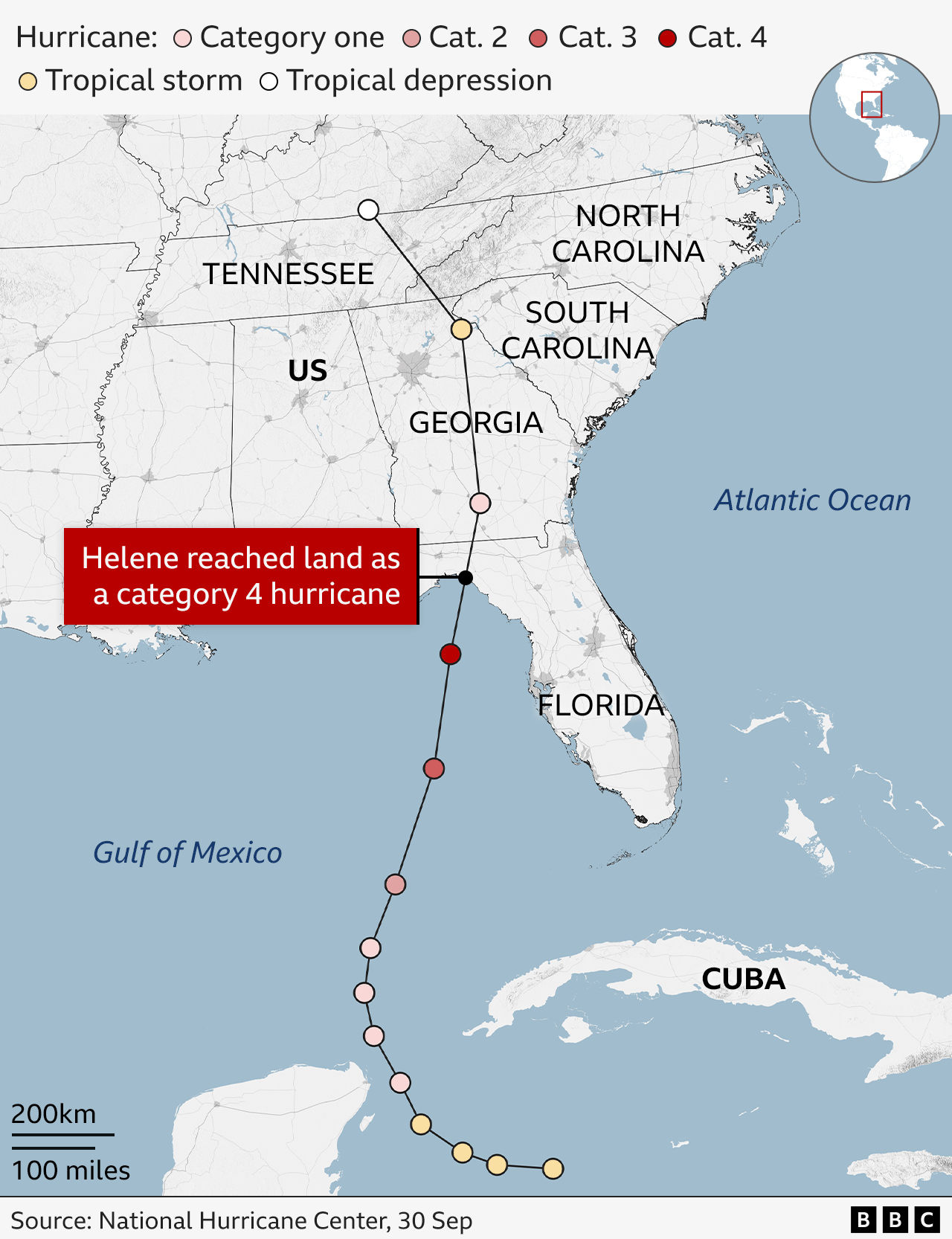 Map showing the path of hurricane Helene, as it went from tropical storm to category 4 hurricane. A red label indicates where the hurricane made landfall over the Gulf Coast, in Florida. Other US states in the map are Georgia, Tennessee, South Carolina and North Carolina. Cuba is also pictured.