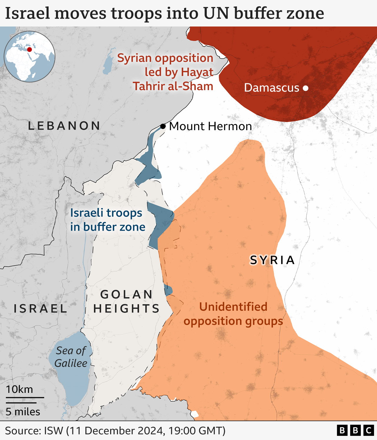 Map showing south west Syria and the Golan Heights, where Israel says its forces have taken positions in a UN created buffer zone.