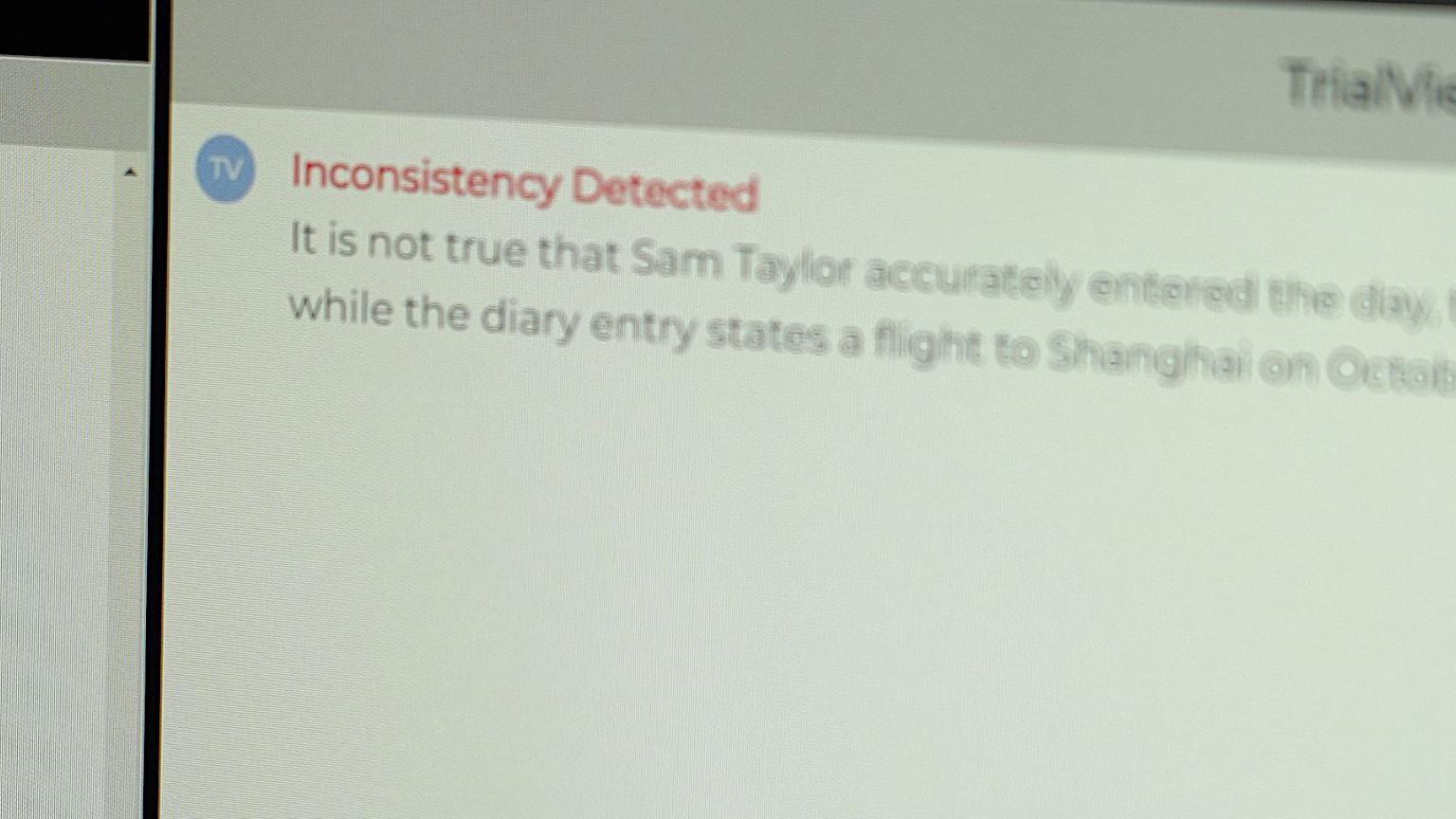 A screen grab from the Trialview software training exercise that alerts lawyers to an inconsistency in a witness' evidence