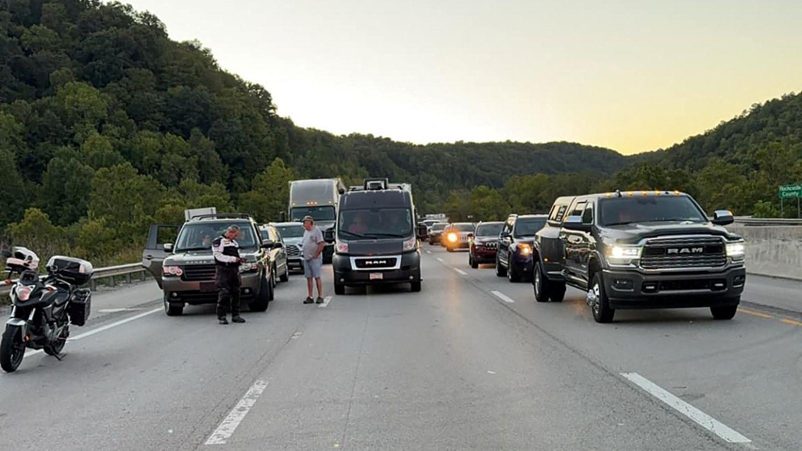 Drivers park on the the lanes of the I-75 highway after reports of multiple people shot about nine miles north of London, Kentucky, U.S. September 7, 2024.