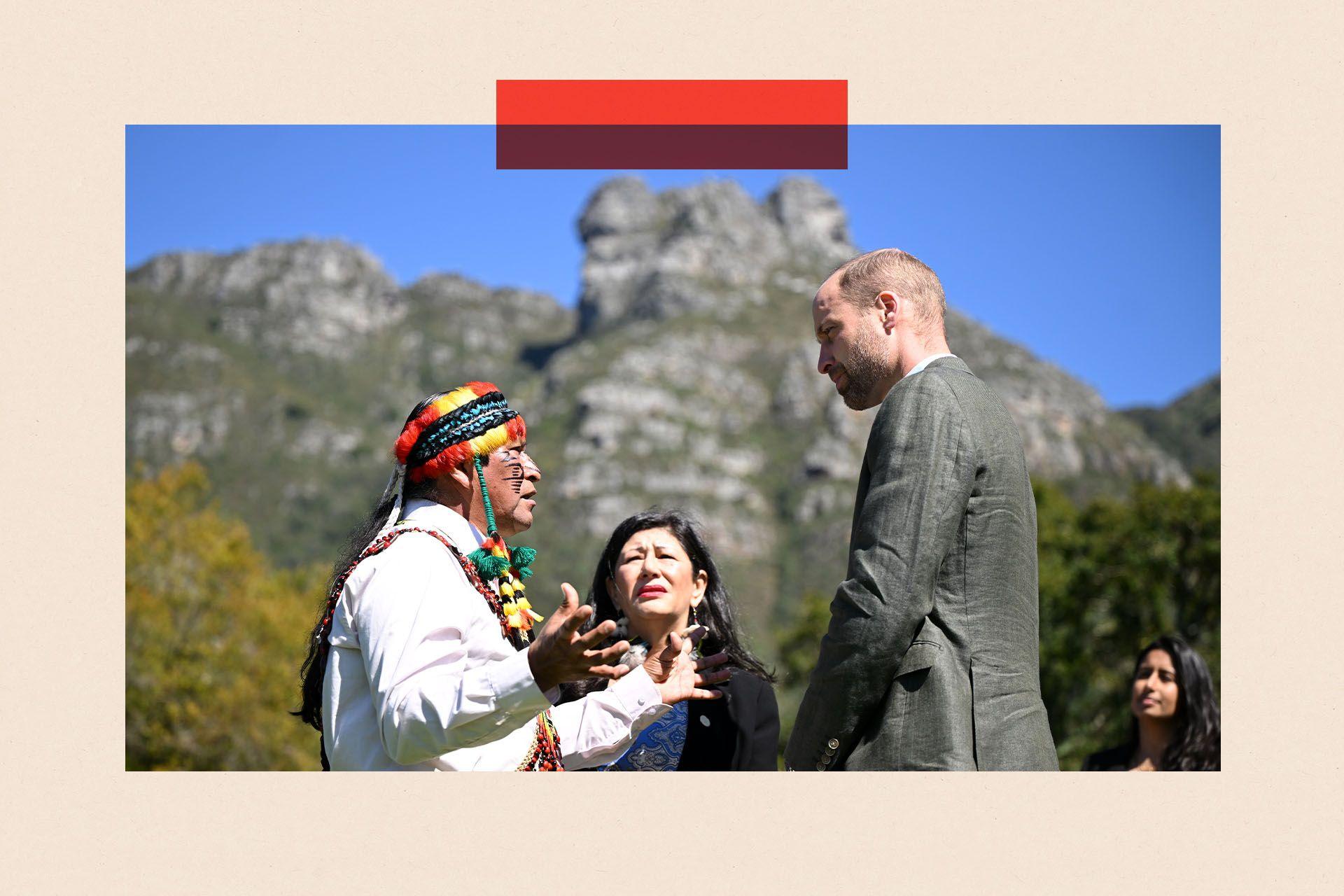 Prince William standing with people who are finalists in the Earthshot Prize in a scenic setting in South Africa