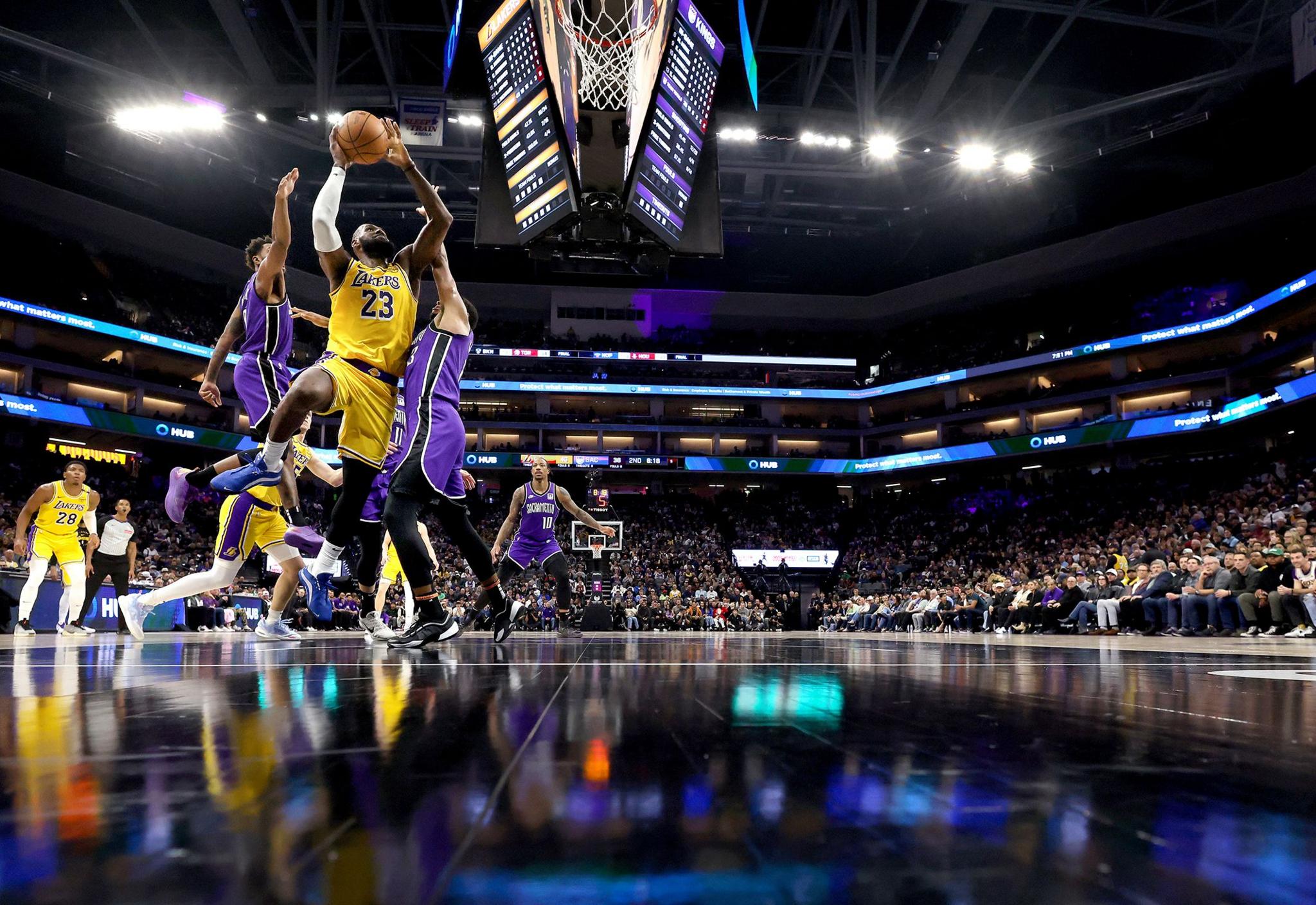 LeBron James of the Los Angeles Lakers goes up for a shot against the Sacramento Kings in the first half at Golden 1 Center in Sacramento, California