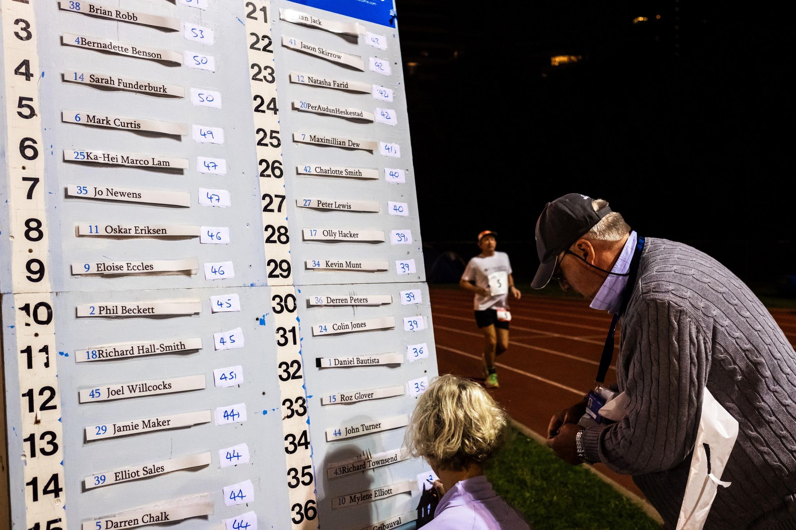 Race officials update the leaderboard during the Sri Chinmoy 24hr Track Race in Battersea