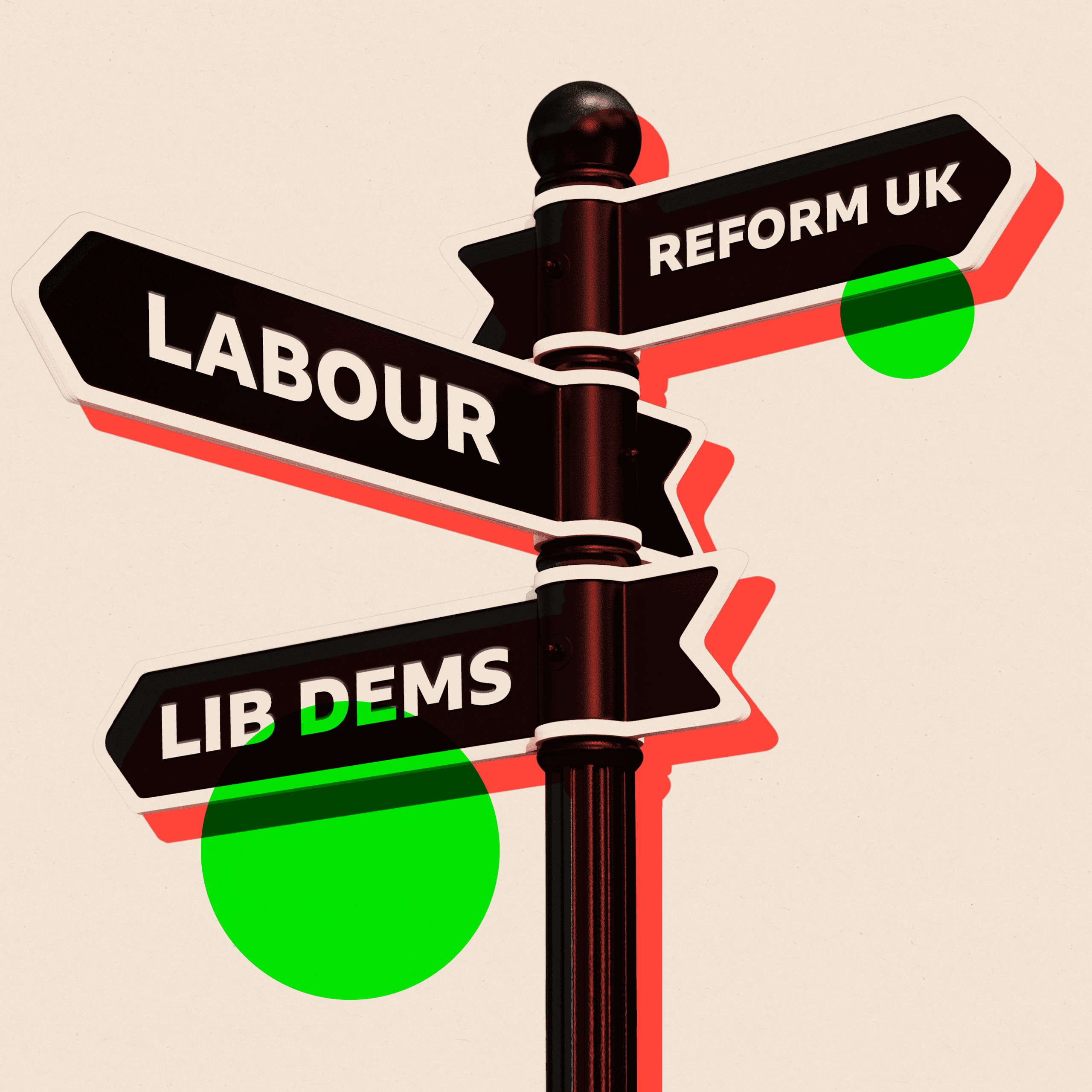 A signpost pointing in different directions for Labour, Lib Dems and Reform UK