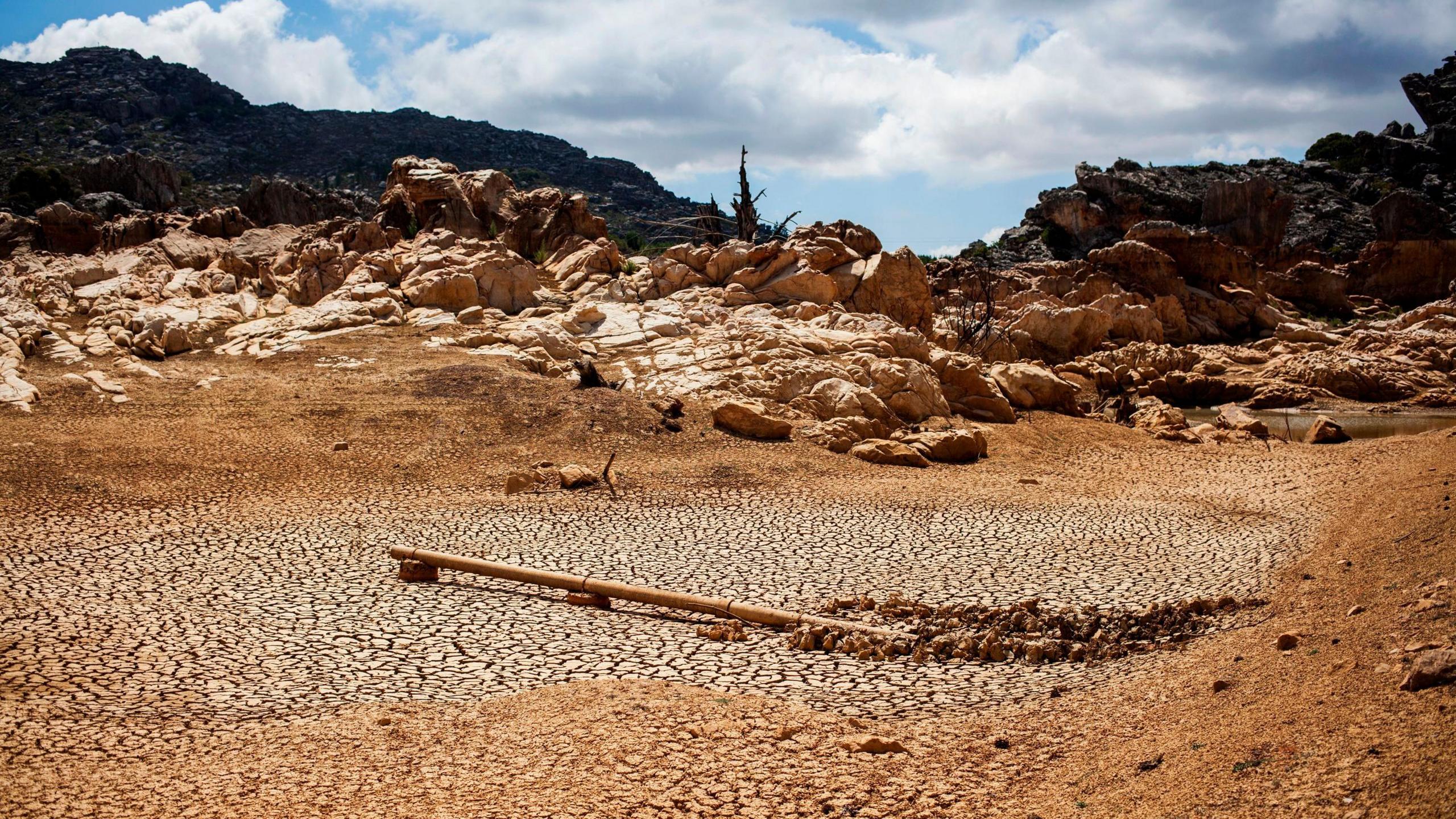 A dried out dam is pictured on a farm