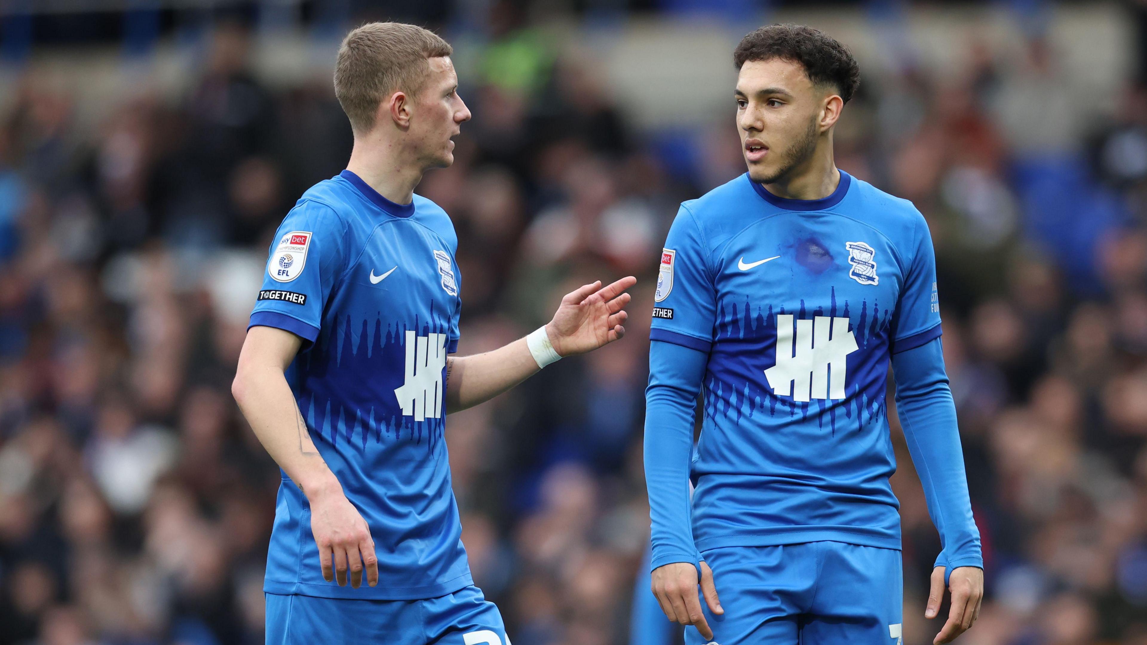 Birmingham City duo Lee Buchanan (right) and Jay Stansfield (left) in discussion  