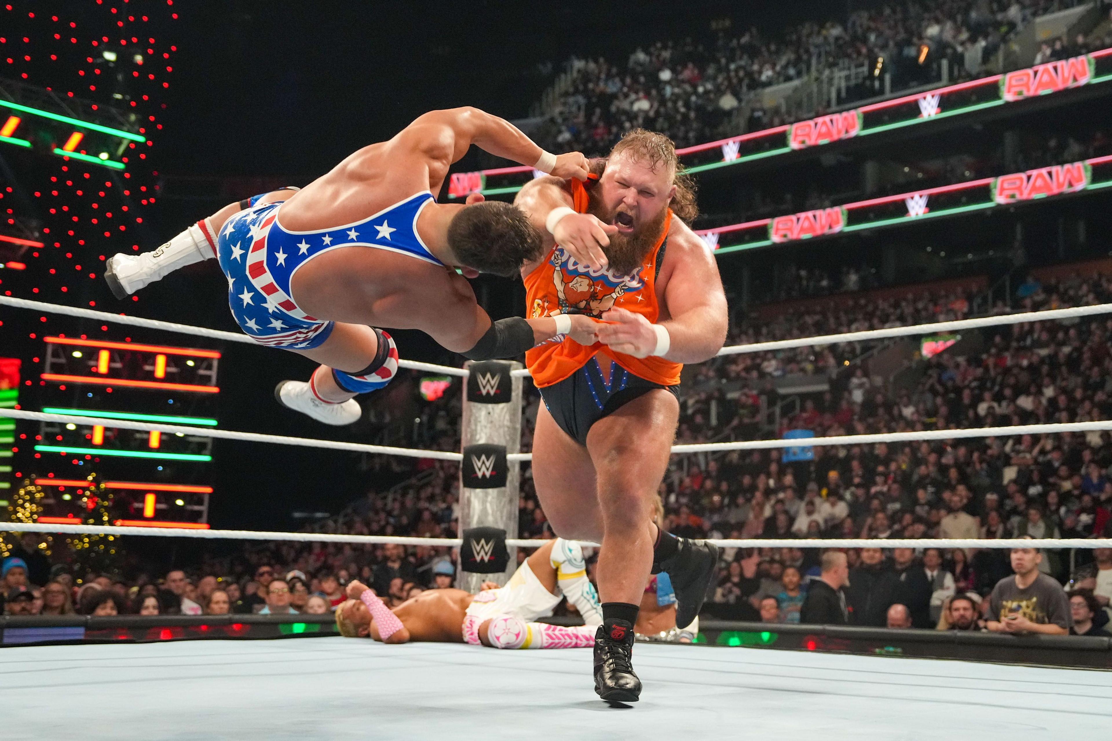 Otis tosses opponent Chad Gable across the ring during Monday Night RAW at TD Garden in Boston, Massachusetts