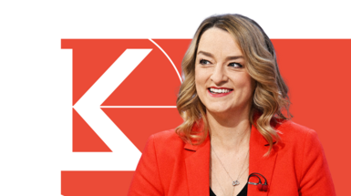 Laura Kuenssberg with red background and initials LK