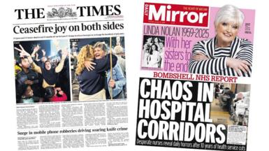 Composite image of the front pages of the Times and the Daily Mirror. The headline on the front page of the Times reads: "Ceasefire joy on both sides. The headline on the front page of the Daily Mirror reads: "Chaos in hospital corridors"