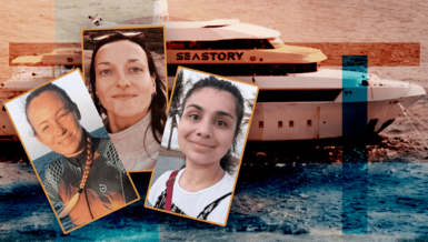 A composite image shows the Sea Story, a luxury white dive boat, at sea in the background, with three of the survivors who spoke to the BBC: Hissora Gonzalez,  Lucianna Galetta and Sarah Martin.