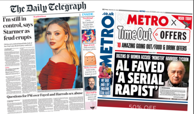 Front pages of the Daily Telegraph and the Metro