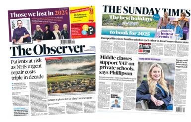 Front pages of Observer and Times