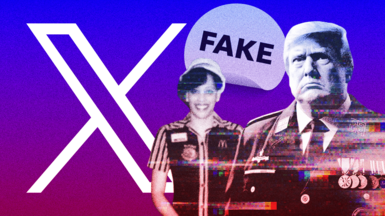 A composite graphic showing an AI-generated image of Donald Trump as a military dictator with medals on his chest and a doctored image of Kamala Harris in a McDonald's uniform with a label saying fake and the X logo in the background