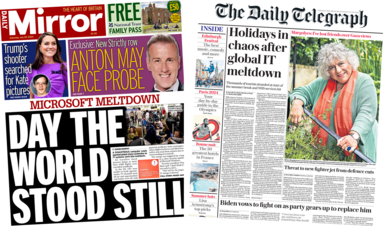 The headline in the Mirror reads, "Microsoft meltdown: Day the world stood still", while the headline in the Telegraph reads, "Holidays in chaos after global IT meltdown".