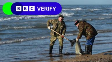 Volunteers work to clean up spilled oil on the shoreline following an incident involving two tankers damaged in a storm in the Kerch Strait. The men are wearing camouflage uniforms. One holds a shovel and is putting oil into a bag, which the other man holds. In the background the sea is seen. 