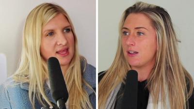 A composite image of Rebecca Adlington on the left and Laura Kenny on the right, both images close cropped on their head and shoulders, grabs taken from the video interview where they are speaking with each other into microphones