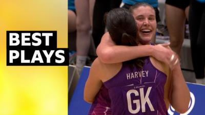 Alice Harvey hugs teammate following victory at the Netball Super League semi-finals.