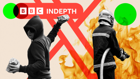 Montage showing the X logo, a hooded man preparing to throw a lump of concrete, a firefighter and flames